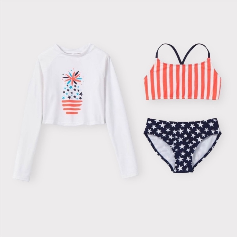 Girls' 4th of July Red White & Blue Stripes + Star 4 PIECE Rash Guard set L/XL